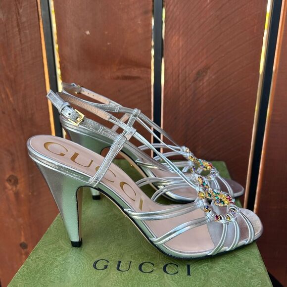 Gucci Women's Isa Crystal Embellished Interlocking G Slingback High Heel Sandals - Picture 3 of 10